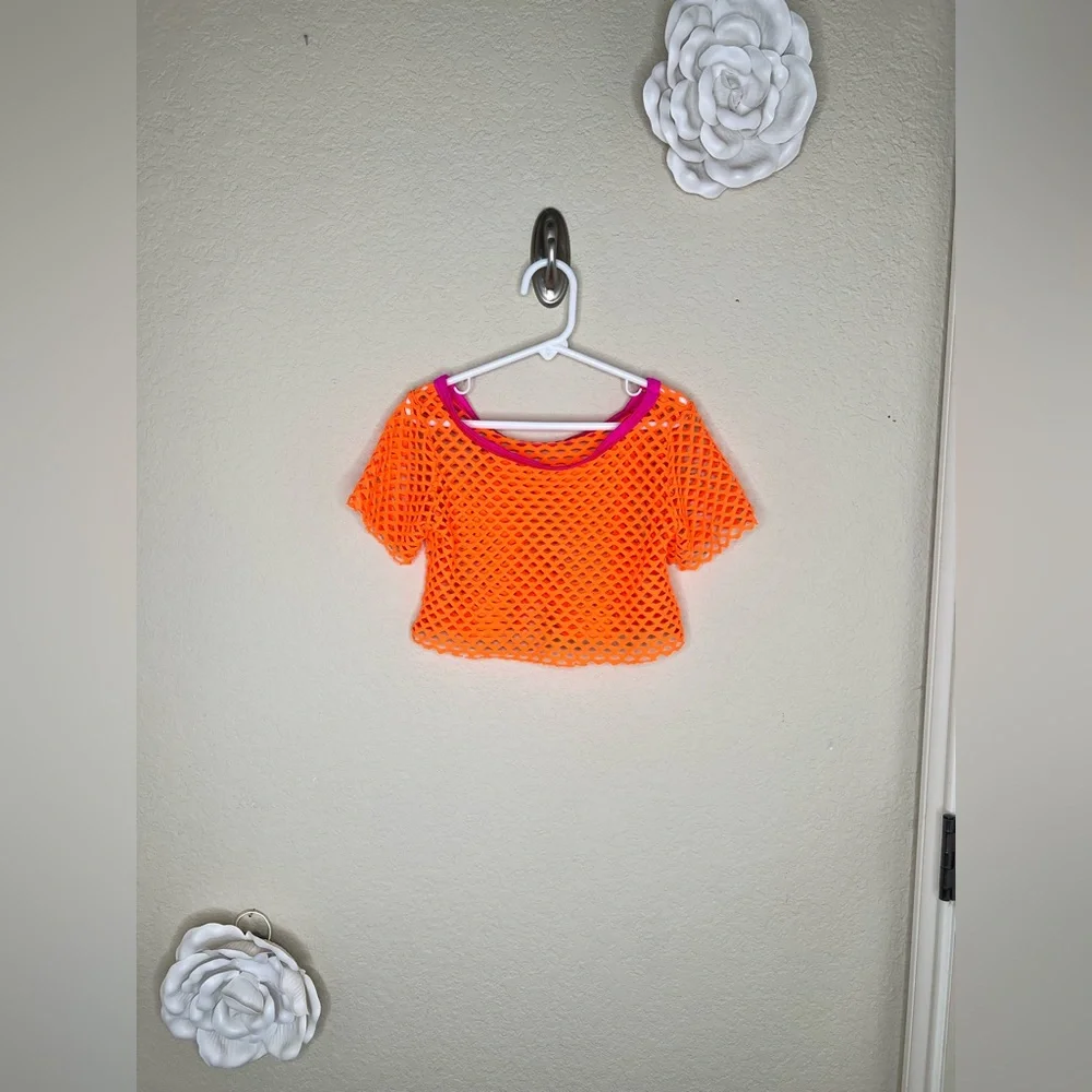 Girls Neon Orange Fishnet Dance Crop Top 80s Costume Mesh Cover Up Child M